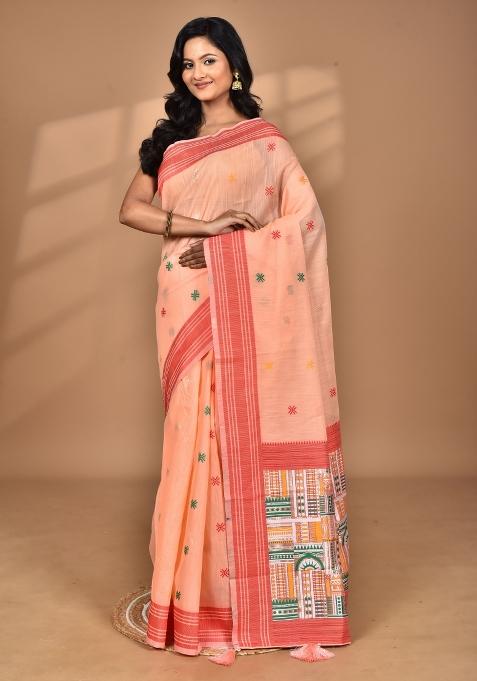 Peach Chandari Silk Chandari Saree Set