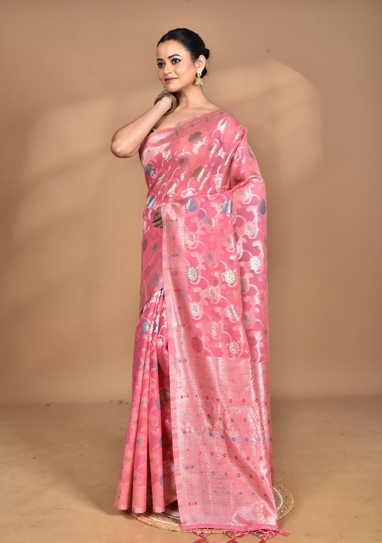 Pink Chandari Silk Chandari Saree Set