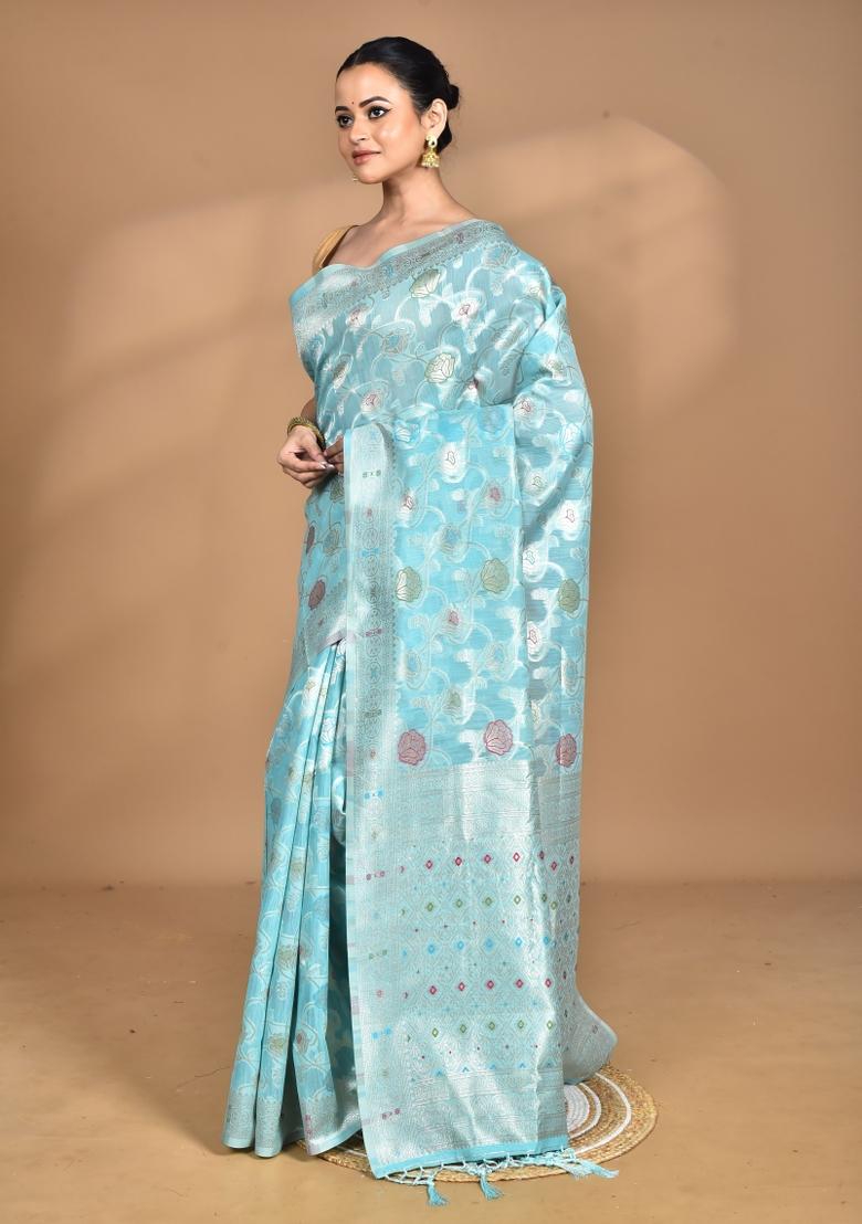 Sky Blue Chandari Silk Chandari Saree Set