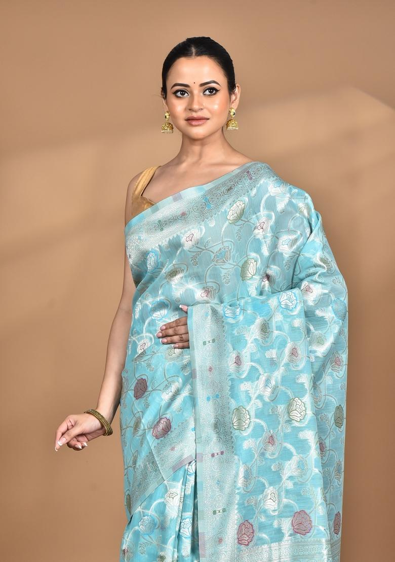 Sky Blue Chandari Silk Chandari Saree Set