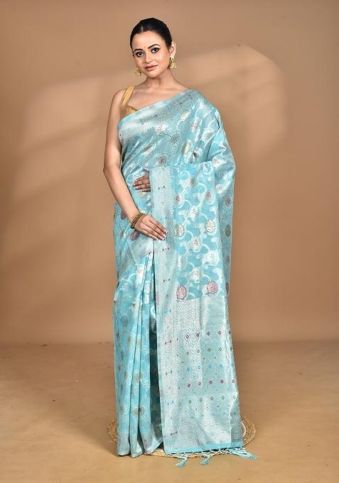 Sky Blue Chandari Silk Chandari Saree Set