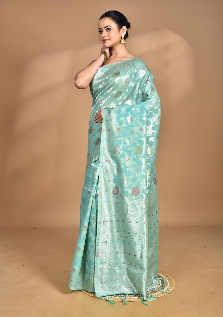 Light Green Chandari Silk Chandari Saree Set