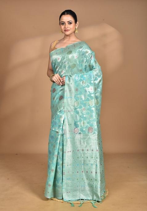 Light Green Chandari Silk Chandari Saree Set