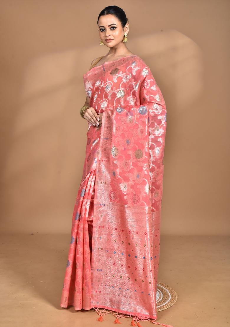 Peach Chandari Silk Chandari Saree Set