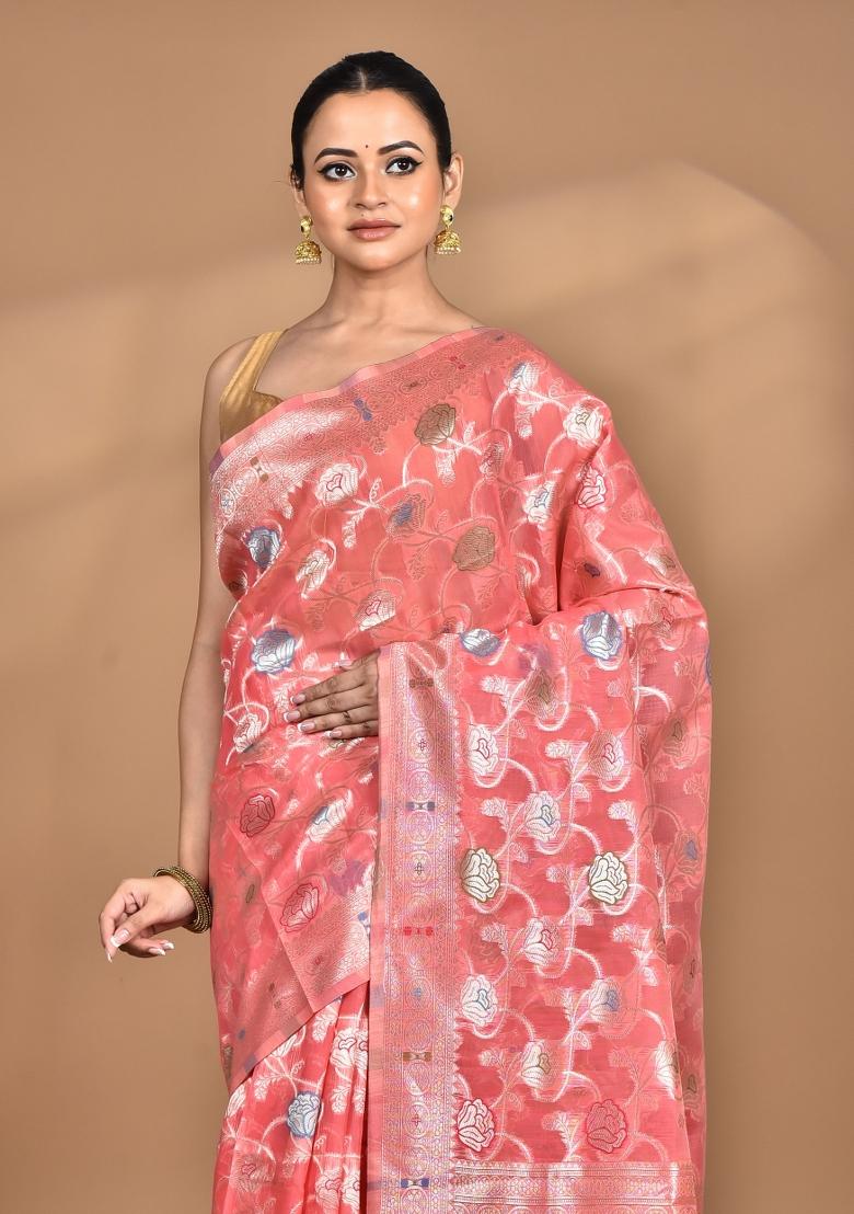 Peach Chandari Silk Chandari Saree Set