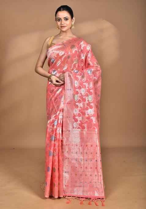 Peach Chandari Silk Chandari Saree Set