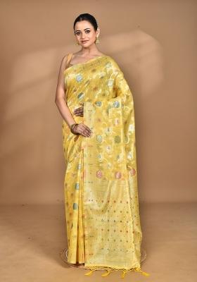 Yellow Chandari Silk Chandari Saree Set