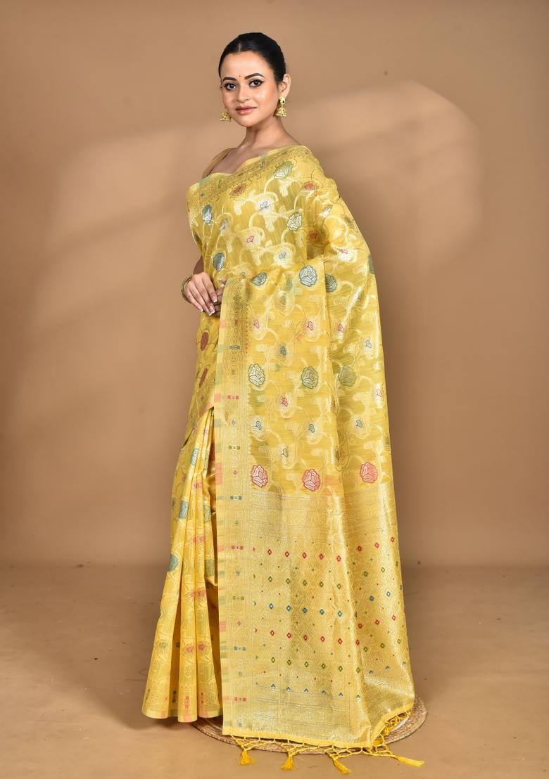 Yellow Chandari Silk Chandari Saree Set