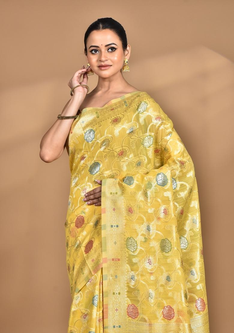 Yellow Chandari Silk Chandari Saree Set