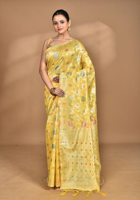 Yellow Chandari Silk Chandari Saree Set