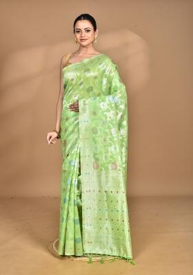 Green Chandari Silk Chandari Saree Set