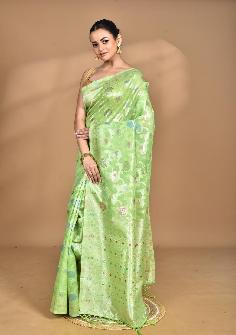 Green Chandari Silk Chandari Saree Set