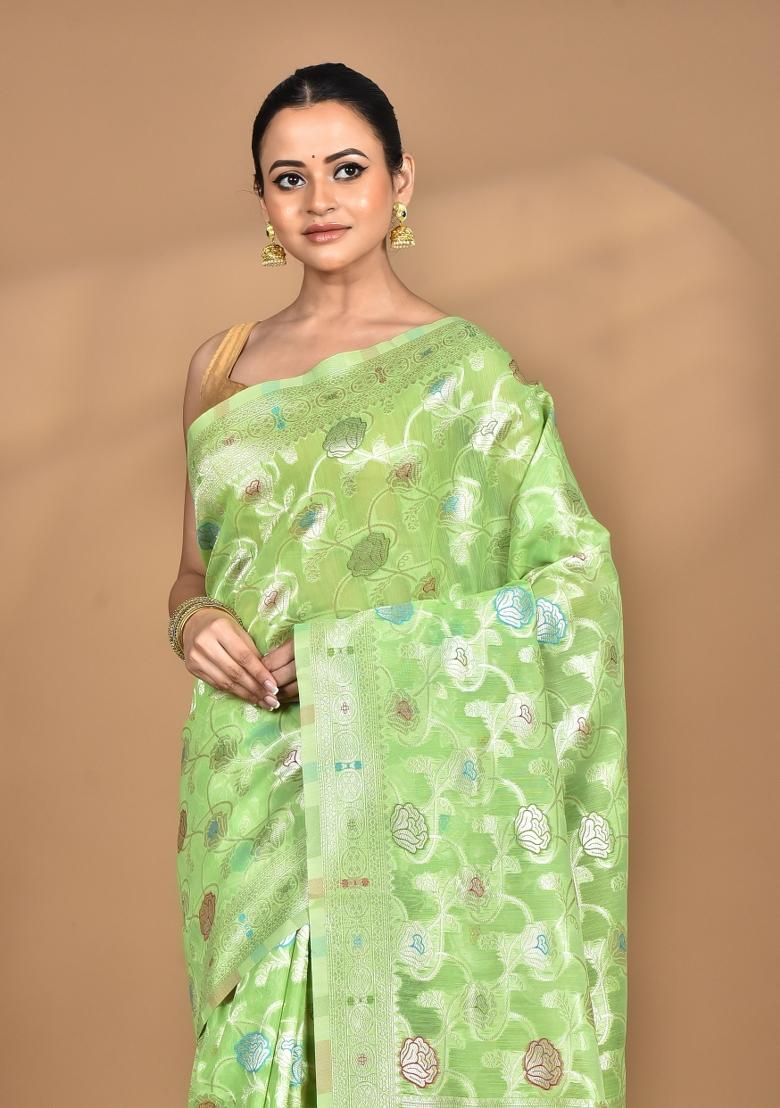 Green Chandari Silk Chandari Saree Set