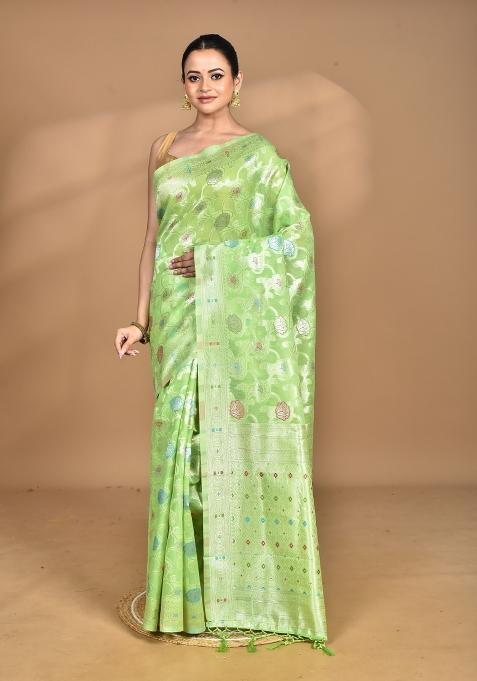 Green Chandari Silk Chandari Saree Set