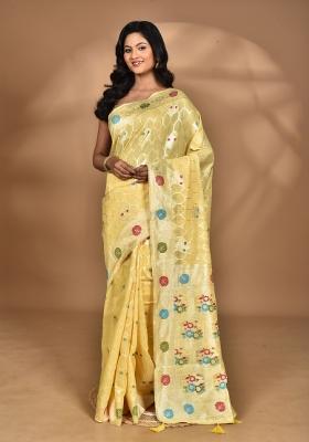 Light Yellow Chandari Silk Chandari Saree Set