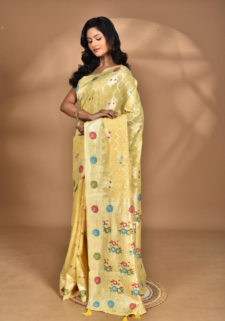 Light Yellow Chandari Silk Chandari Saree Set