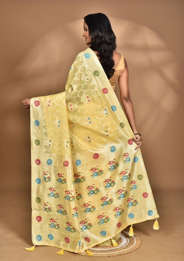 Light Yellow Chandari Silk Chandari Saree Set