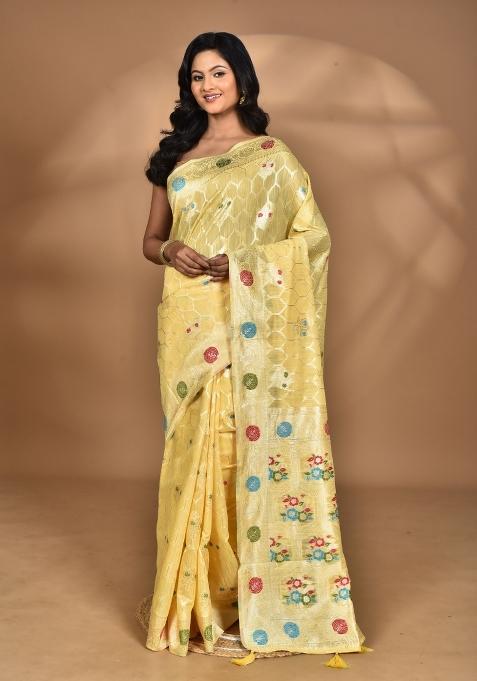 Light Yellow Chandari Silk Chandari Saree Set