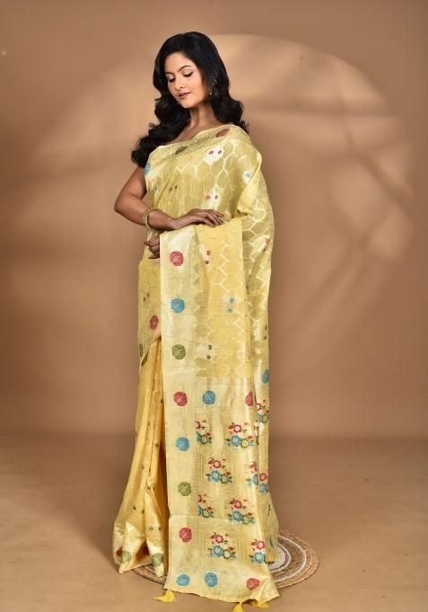 Light Yellow Chandari Silk Chandari Saree Set