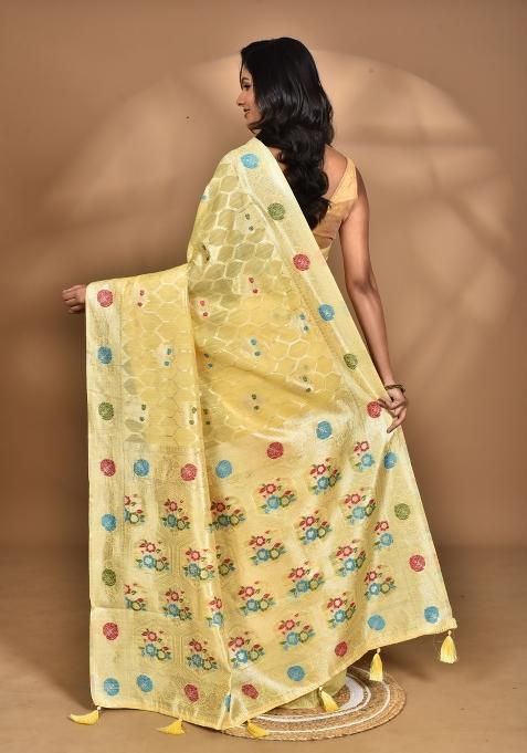 Light Yellow Chandari Silk Chandari Saree Set