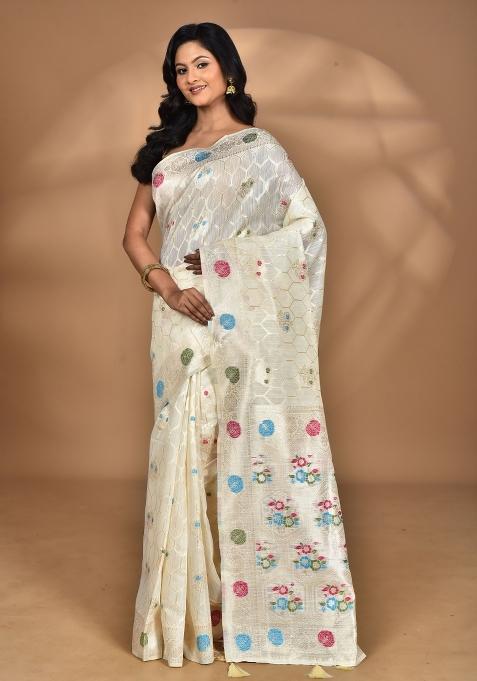 Cream Chandari Silk Chandari Saree Set