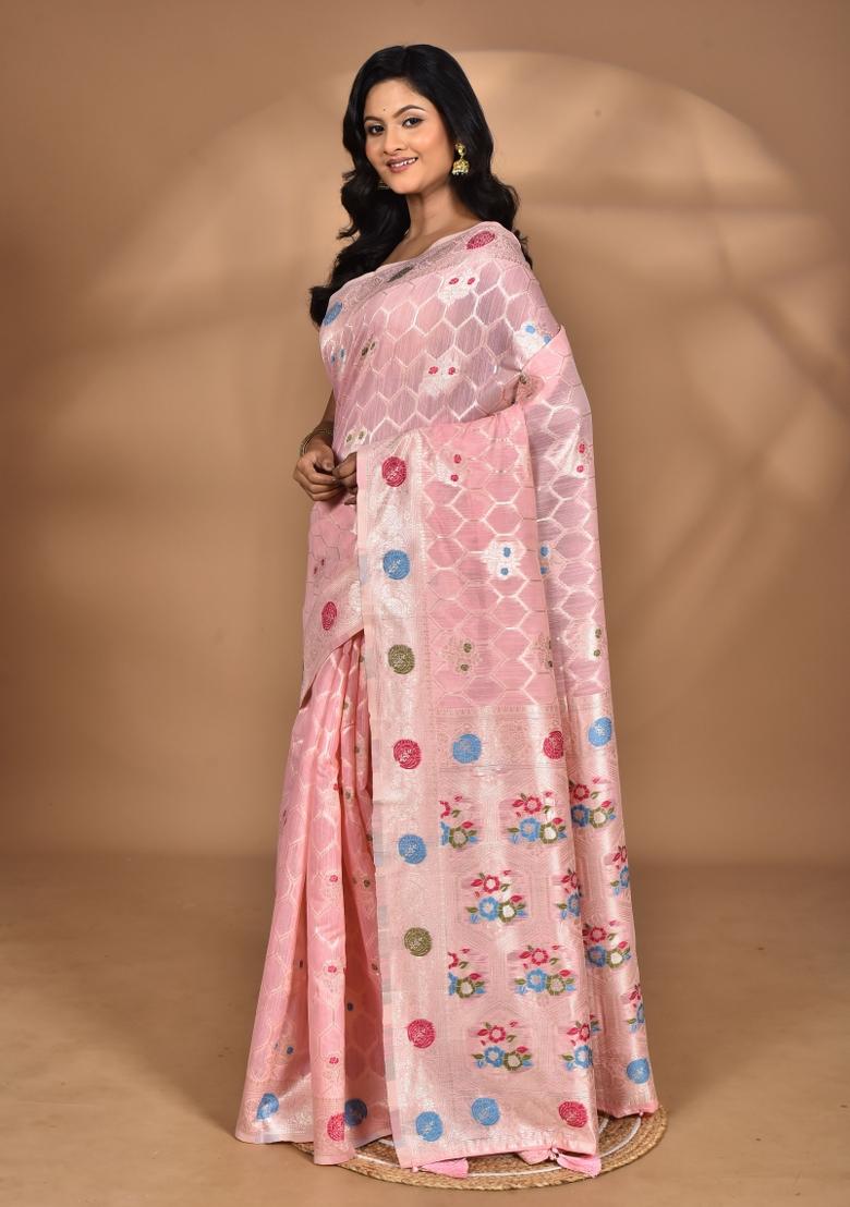 Pink Chandari Silk Chandari Saree Set