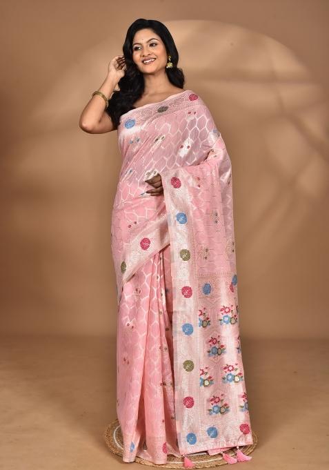 Pink Chandari Silk Chandari Saree Set