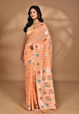 Peach Chandari Silk Chandari Saree Set