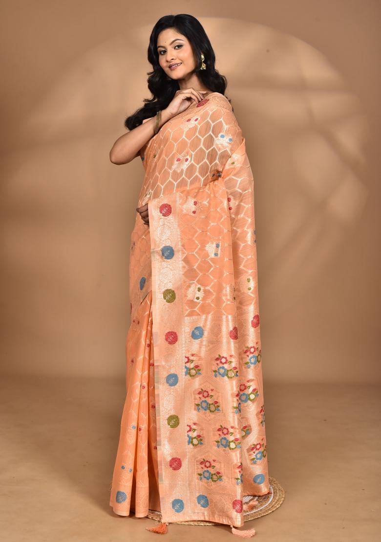 Peach Chandari Silk Chandari Saree Set