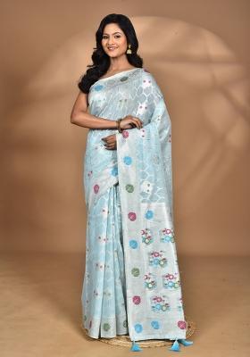 Sky Blue Chandari Silk Chandari Saree Set