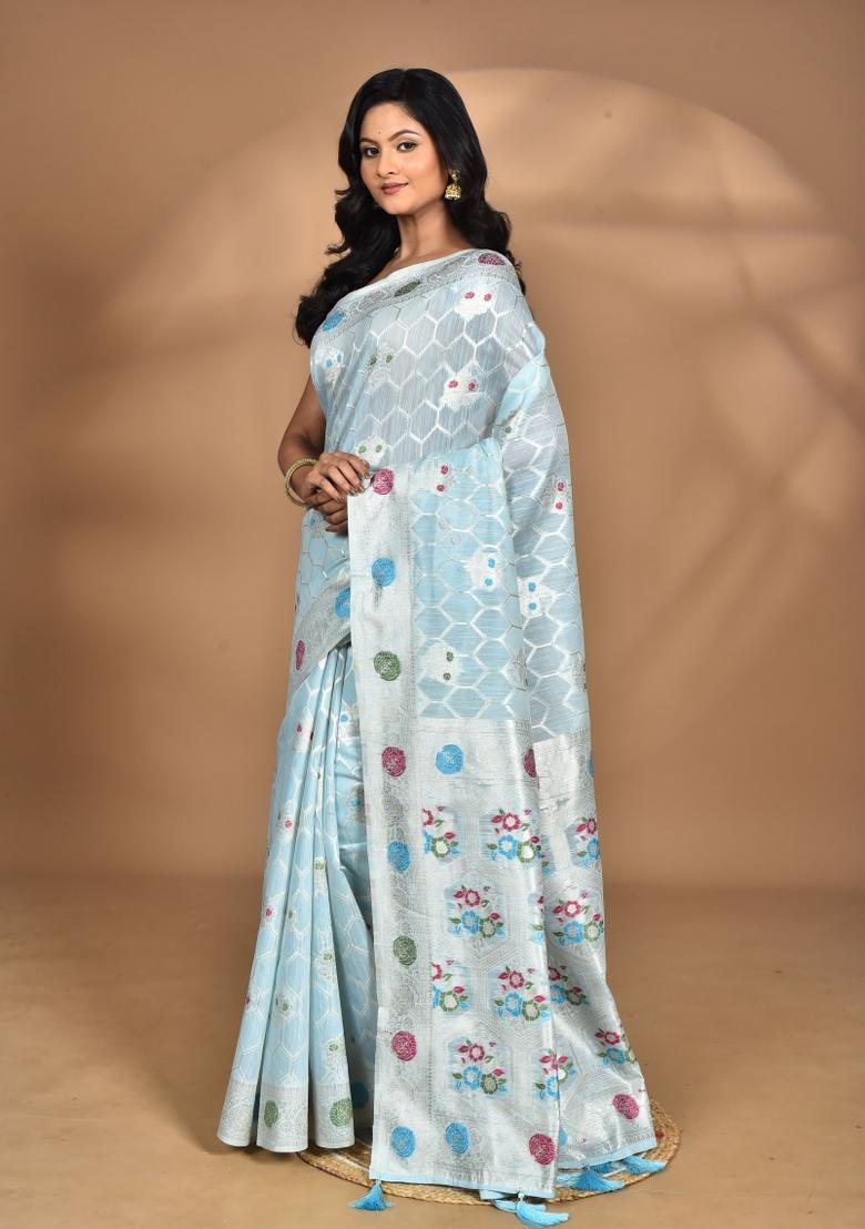 Sky Blue Chandari Silk Chandari Saree Set
