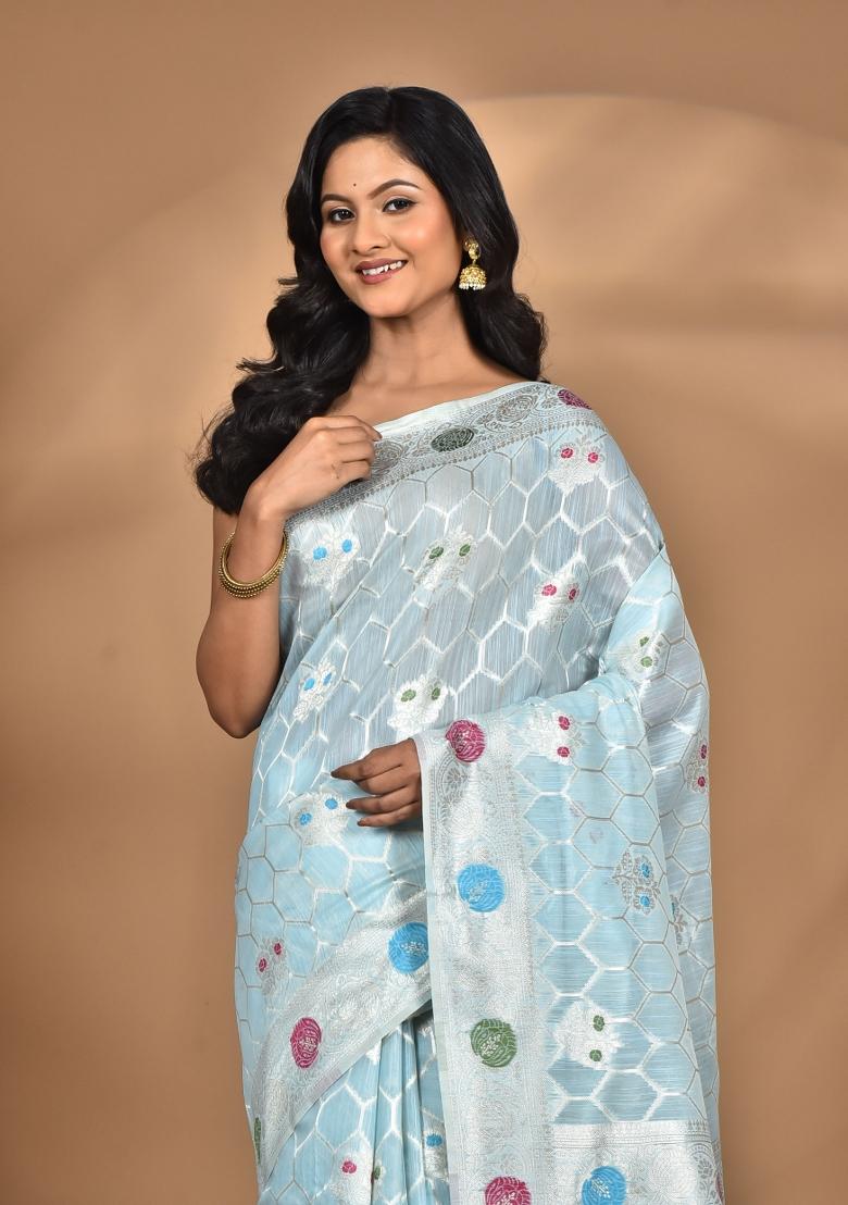 Sky Blue Chandari Silk Chandari Saree Set