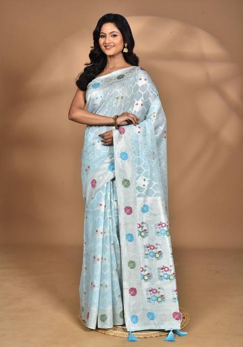 Sky Blue Chandari Silk Chandari Saree Set