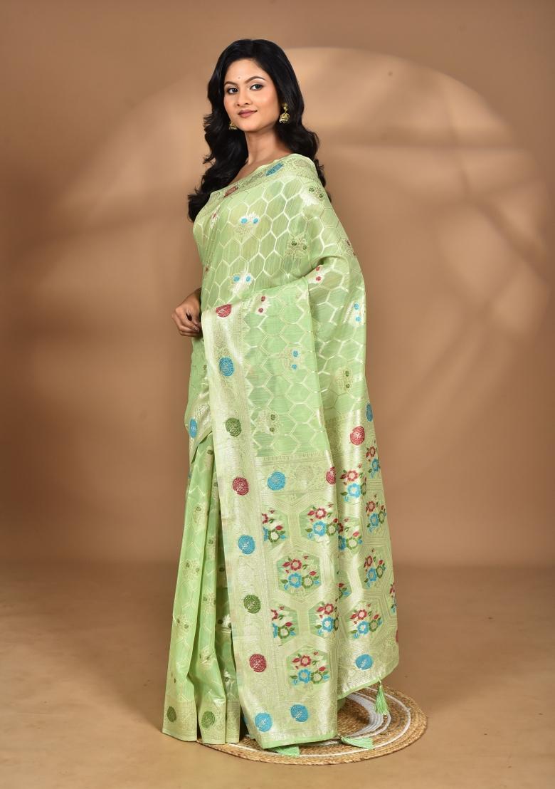 Light Green Chandari Silk Chandari Saree Set