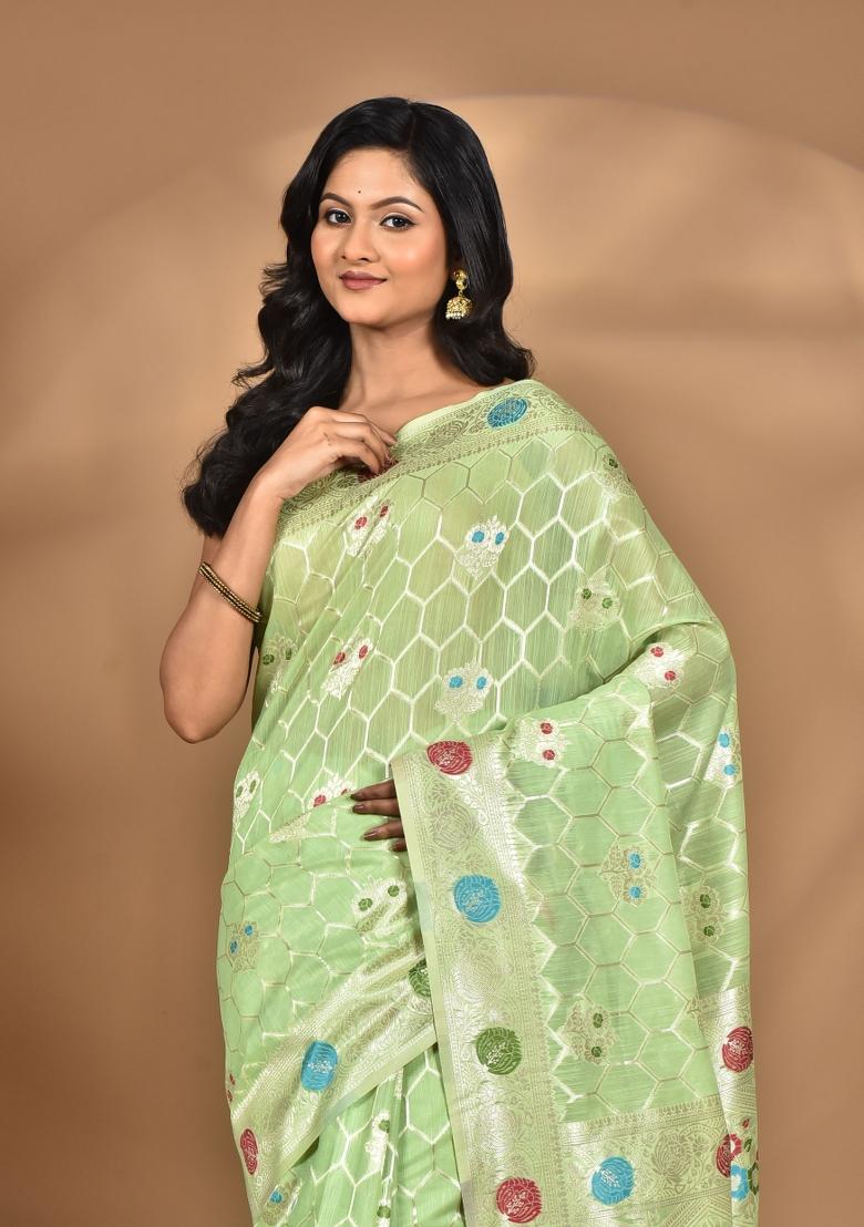 Light Green Chandari Silk Chandari Saree Set