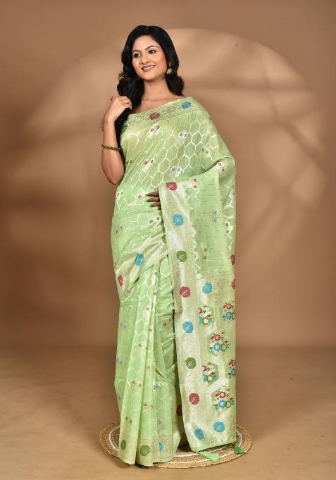 Light Green Chandari Silk Chandari Saree Set