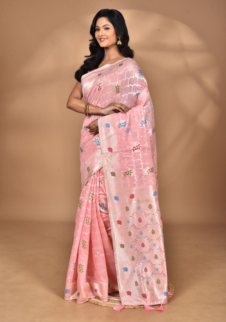 Pink Chandari Silk Chandari Saree Set