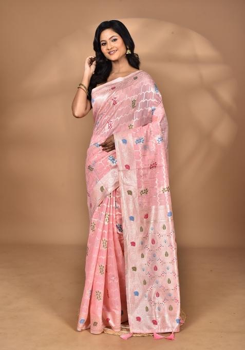 Pink Chandari Silk Chandari Saree Set