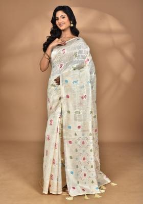 Cream Chandari Silk Chandari Saree Set