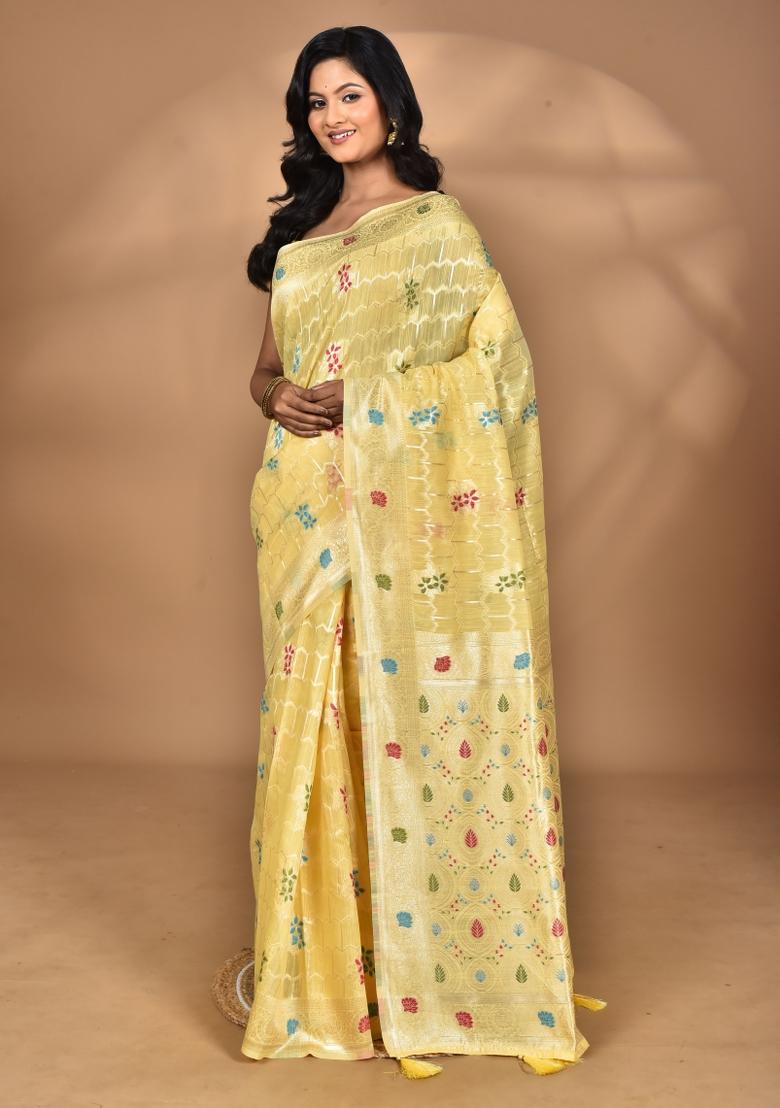 Light Yellow Chandari Silk Chandari Saree Set