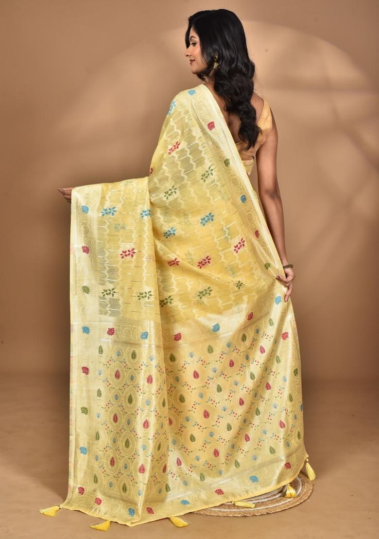 Light Yellow Chandari Silk Chandari Saree Set