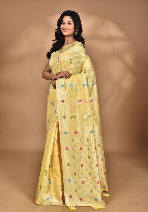 Light Yellow Chandari Silk Chandari Saree Set