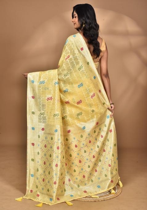 Light Yellow Chandari Silk Chandari Saree Set