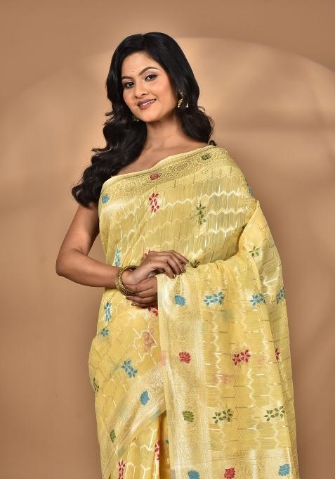 Light Yellow Chandari Silk Chandari Saree Set