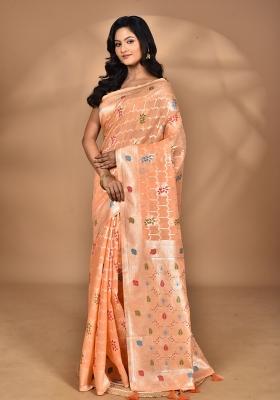 Peach Chandari Silk Chandari Saree Set