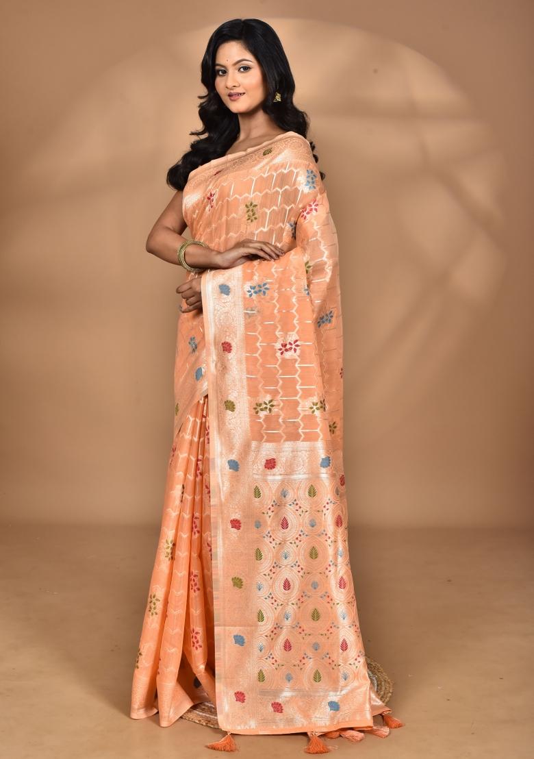 Peach Chandari Silk Chandari Saree Set