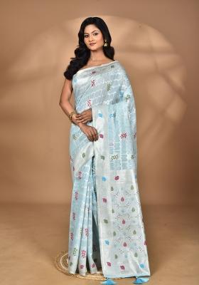 Sky Blue Chandari Silk Chandari Saree Set