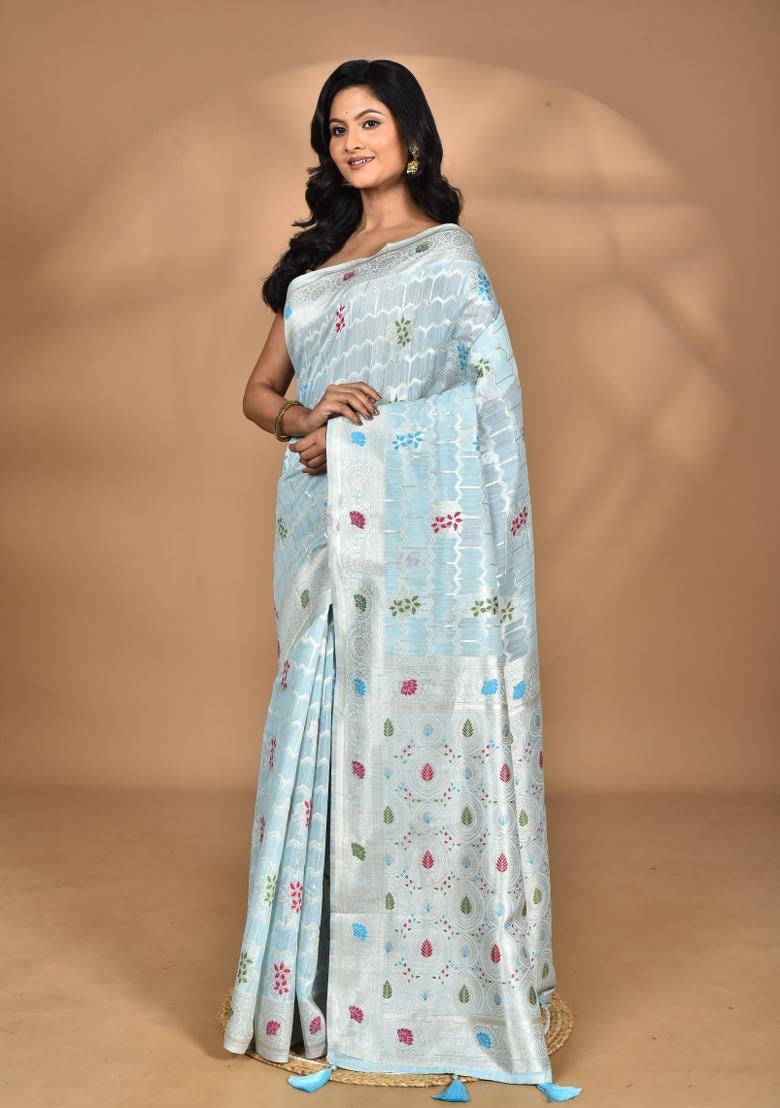 Sky Blue Chandari Silk Chandari Saree Set
