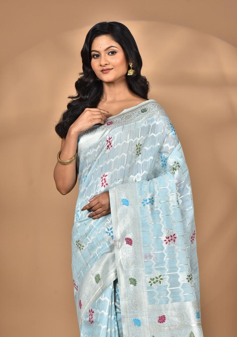Sky Blue Chandari Silk Chandari Saree Set