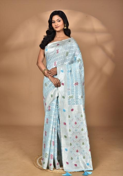 Sky Blue Chandari Silk Chandari Saree Set
